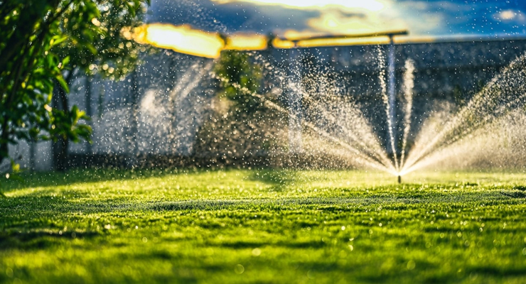 Automatisk vandingssystem i gang på græsplæne i sollys – vanding i dagslys.