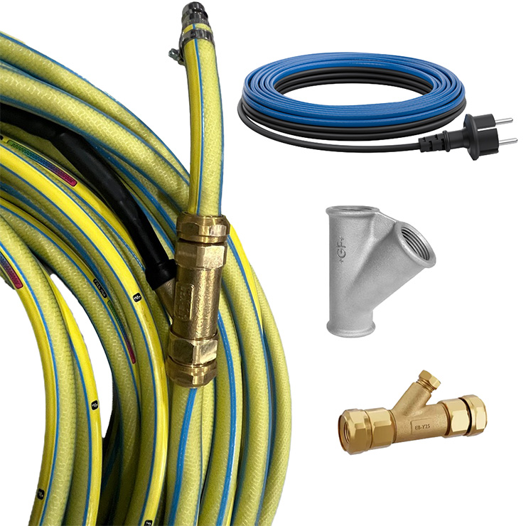 Forskellige typer varmeslanger med koblinger, stik og fittings