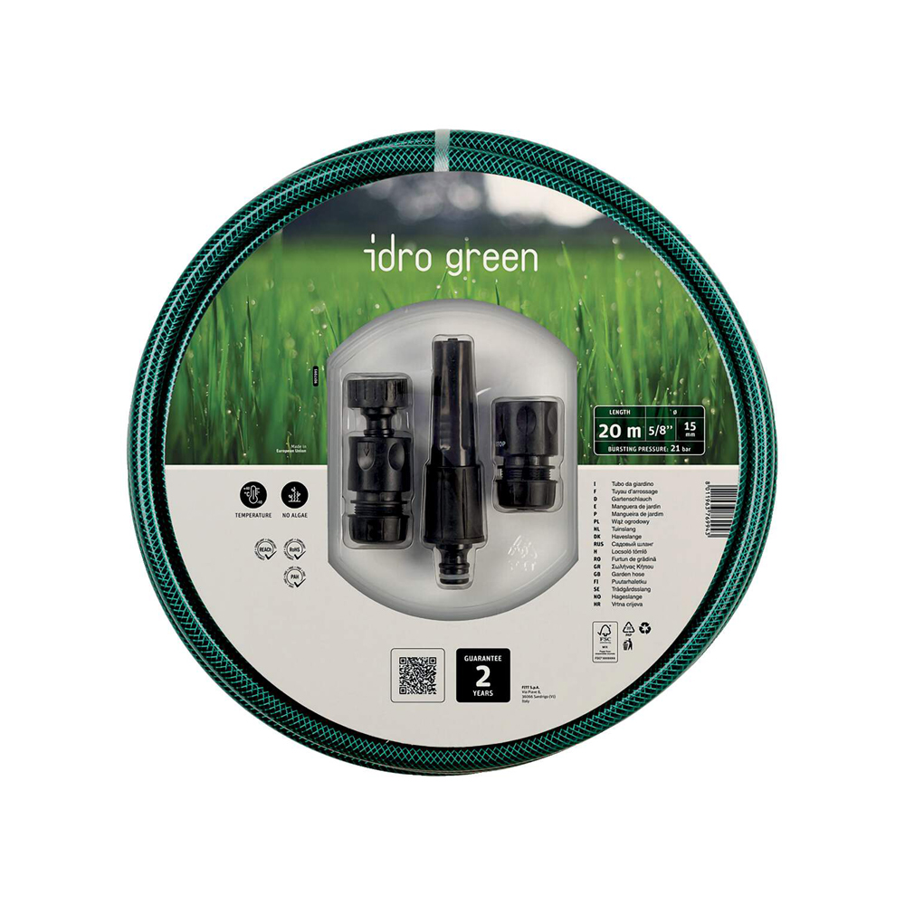 Fitt Idro Green 1/2" slangesæt, 20m, algeresistent, temperaturbestandig, med tilbehør.
