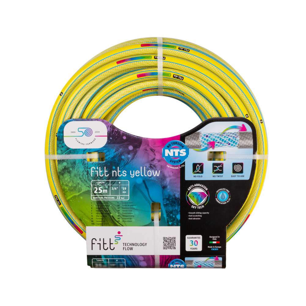 FITT NTS YELLOW 3/4" x 25m: Drikkevands-godkendt, UV-resistent haveslange, fri for ftalater og anti-alge behandlet.