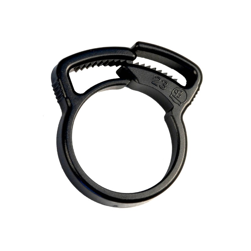 Slangeklemme til 21 mm indre diameter og 22-24 mm udvendig diameter – kan drejes, frigøres og genbruges, leveres i pakke med 10 styk.