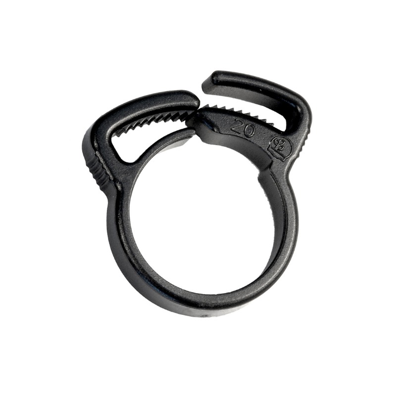 Slangeklemme til 18 mm indre diameter og 19-21 mm udvendig diameter – kan drejes, frigøres og genbruges, leveres i pakke med 10 styk.