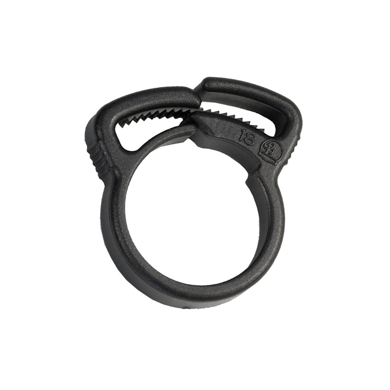 Slangeklemme til 16 mm indre diameter og 17-19 mm udvendig diameter – kan drejes, frigøres og genbruges, leveres i pakke med 10 styk.