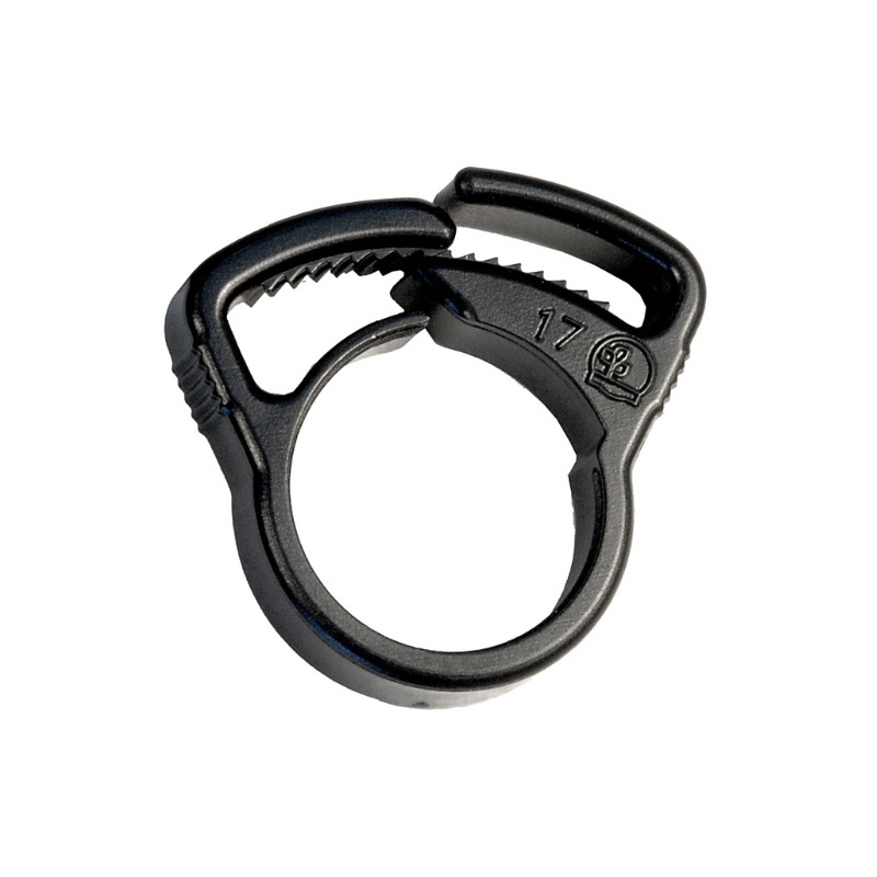 Slangeklemme til 14 mm forsyningsrør med 16-18 mm udvendig diameter – robust og UV-stabil til vandingssystemer.