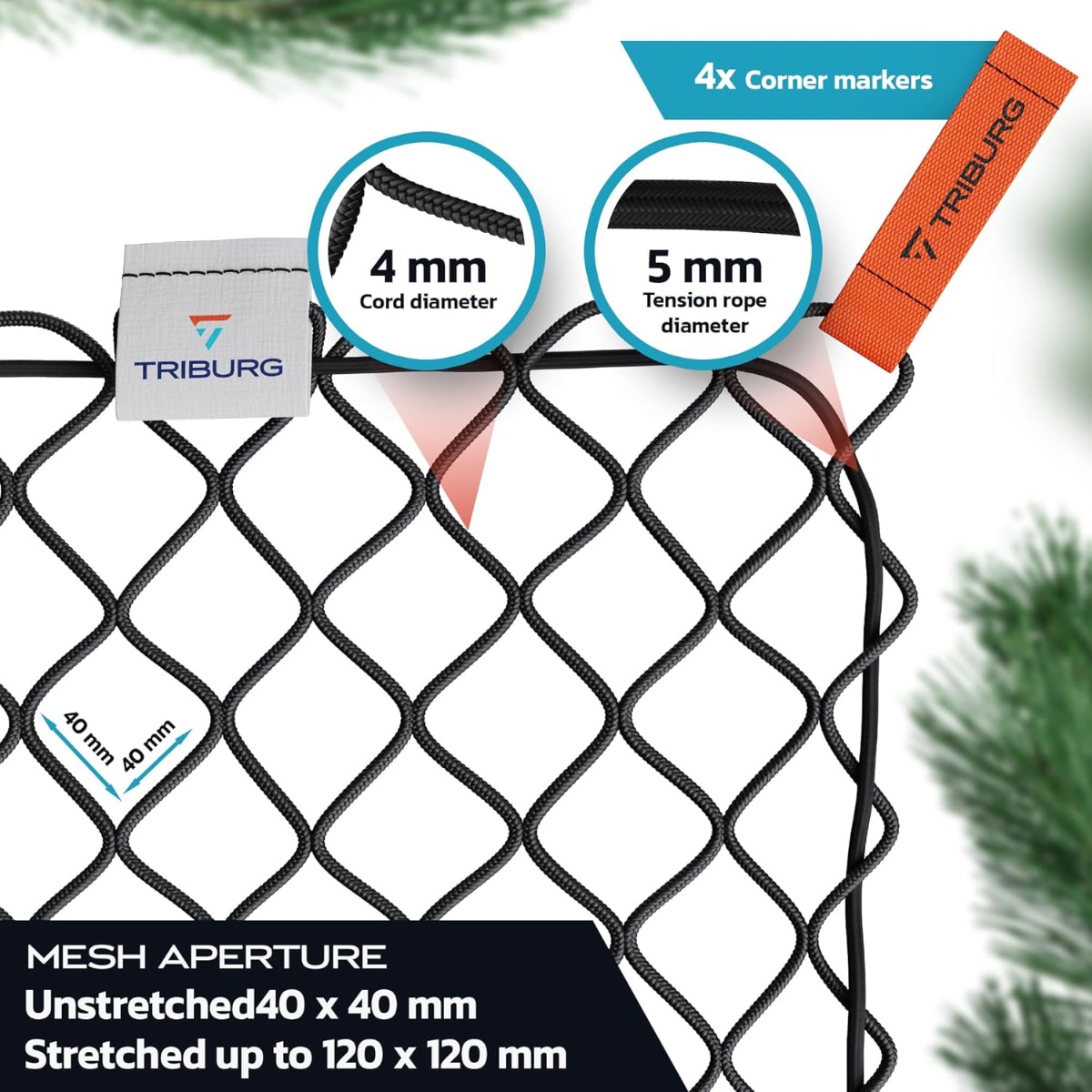 Detalje af netstruktur og 4 mm stærk netkant med elastik