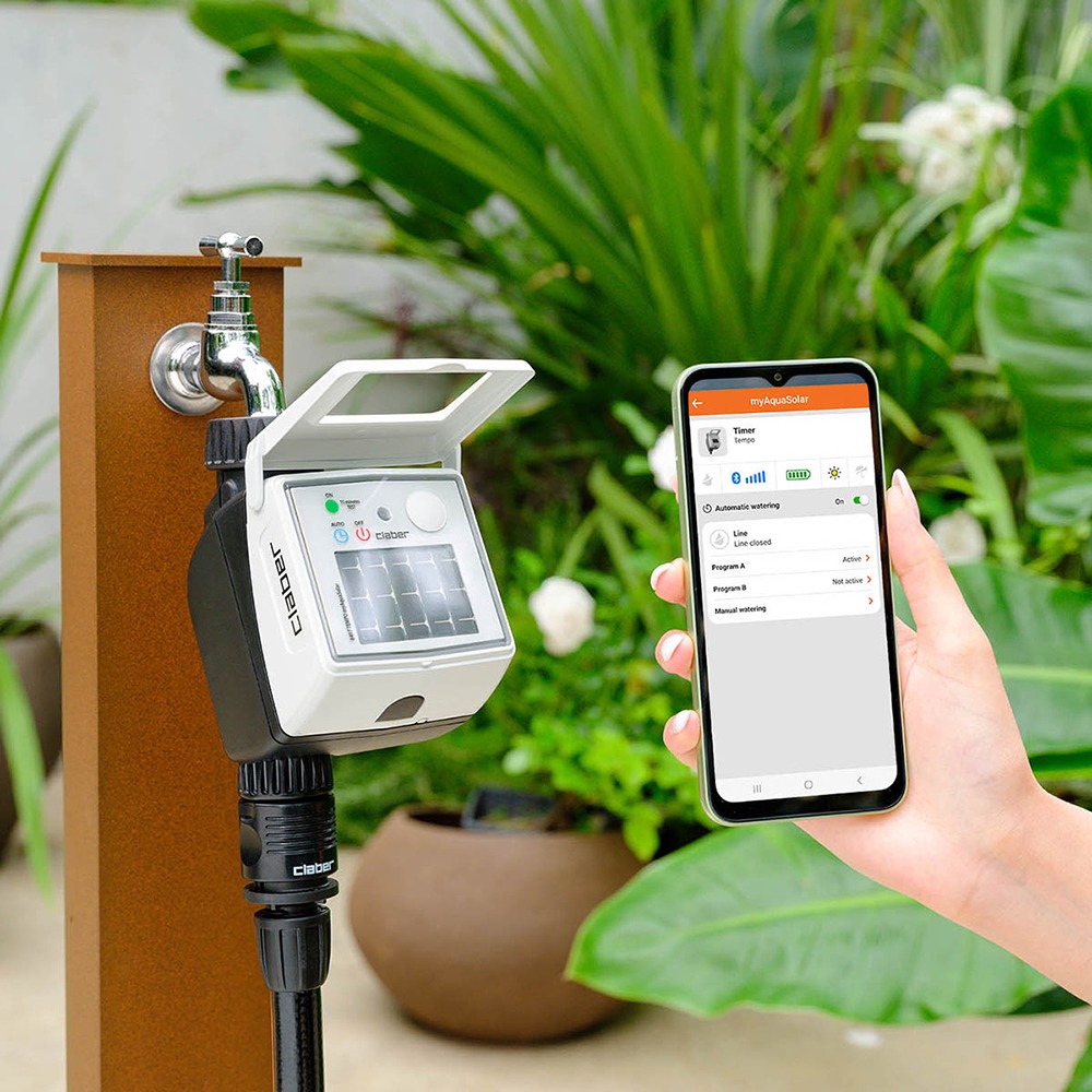 Solcelledrevet vandingsur, Bluetooth® teknologi, ingen batterier, 2 programmer, 3/4" hanekobling.