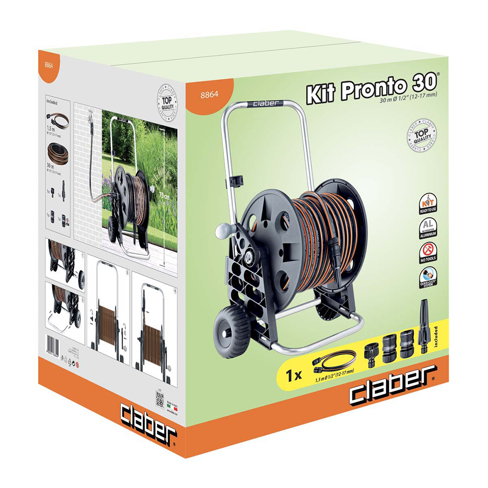 Pronto 30 slangevognssæt, 30m 1/2" slange, hanekobling, koblinger, sprøjtepistol.