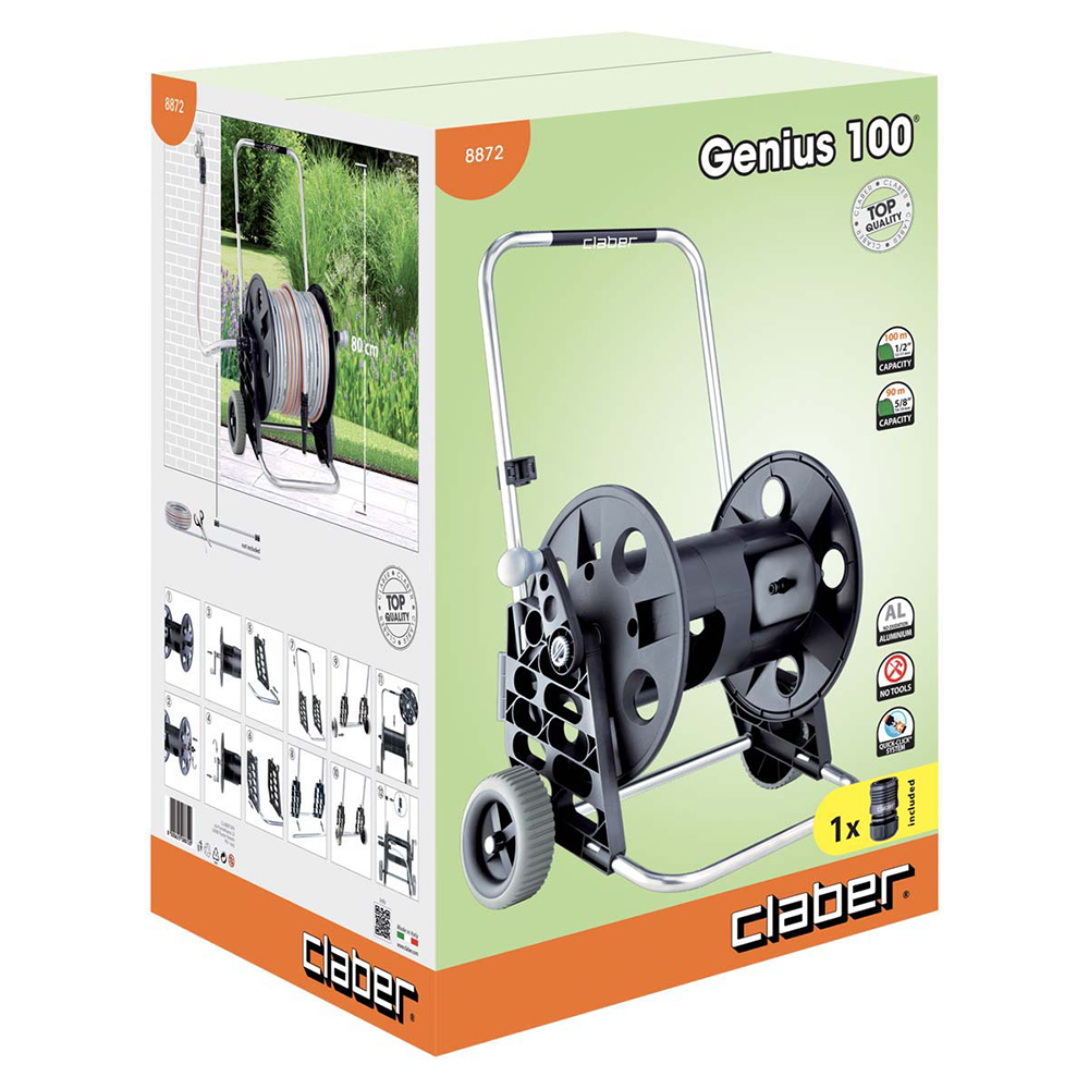 Genius 100 slangevogn, store gummihjul, 100m (1/2") eller 90m (5/8") kapacitet.