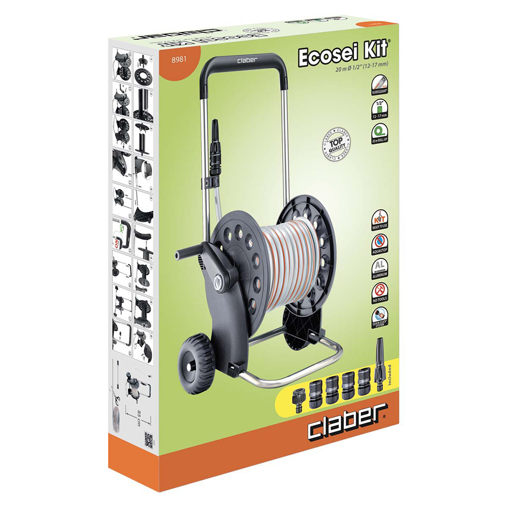 Ecosei Sæt, slangevogn med 20m slange, hanekobling, koblinger, sprøjtepistol og slangeholderklips.