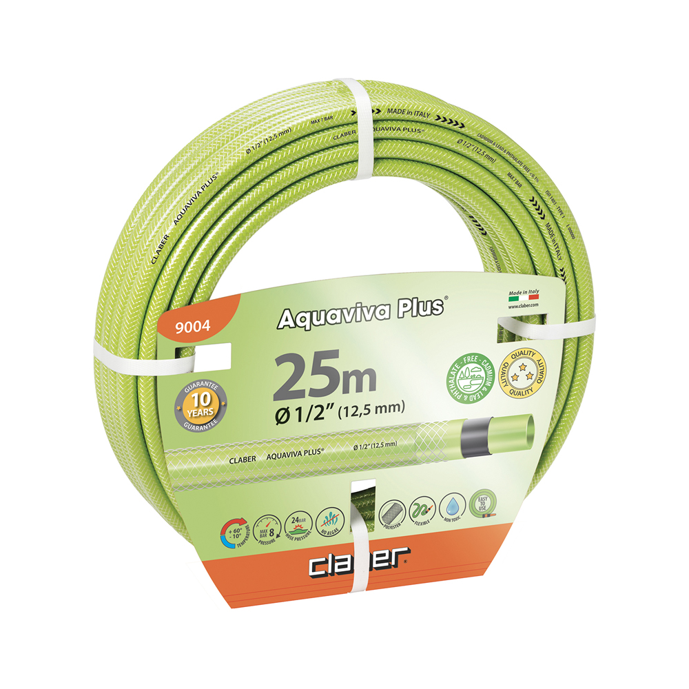 Claber Aquaviva Plus 1/2", 25m slange, alge-resistent, robust og fleksibel foring.