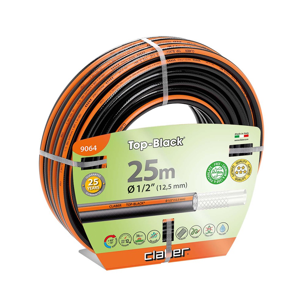 Top Black 1/2, 25m flot sort vandslange til havevanding
