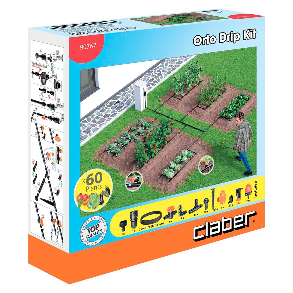 Detaljeret visning af Orto Drip Kit med justerbare dryppere og hovedslange fra Vandslanger.dk.