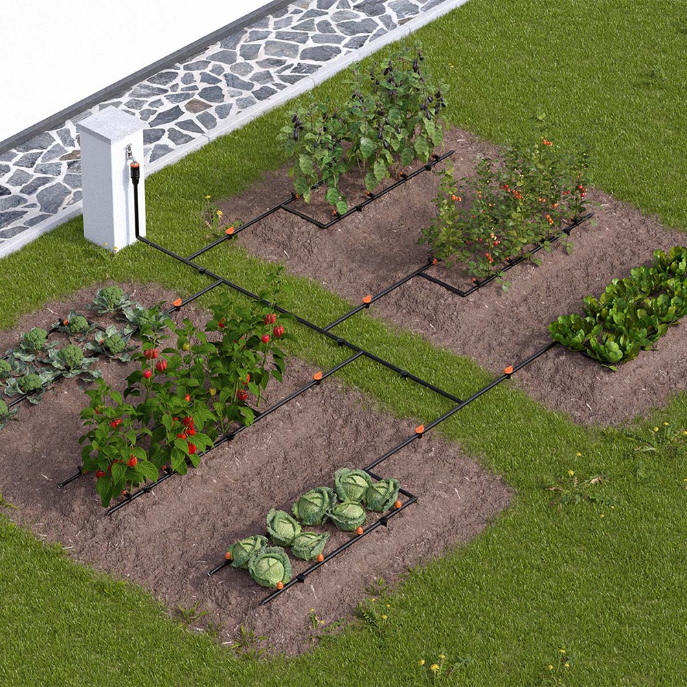 Orto Drip Kit til 60 planter - indhold af sættet inkluderer dryppere og slanger, vist på Vandslanger.dk.