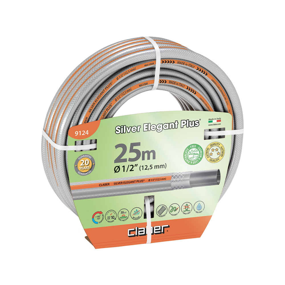 Claber Silver Elegant 1/2", 25m flettet slange, let at håndtere, alge- og UV-resistent.