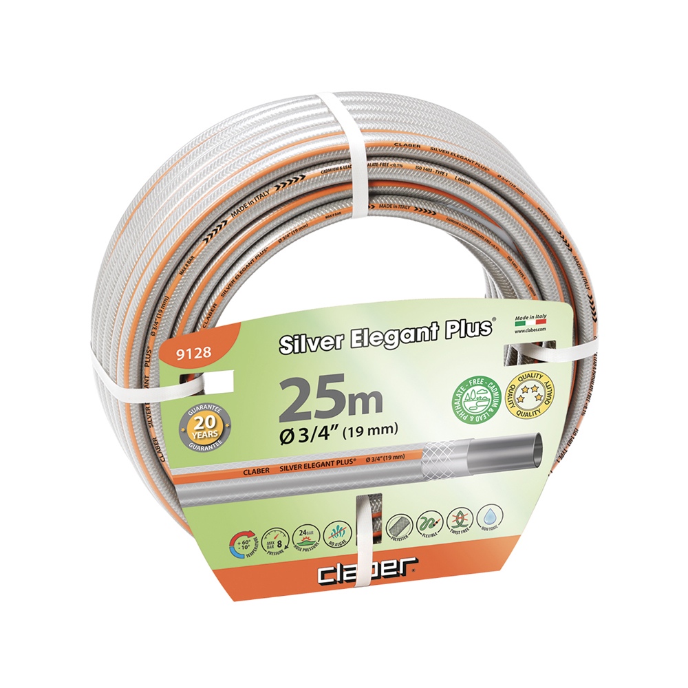 Claber Silver Elegant 3/4", 25m flettet slange, let at håndtere, alge- og UV-resistent.