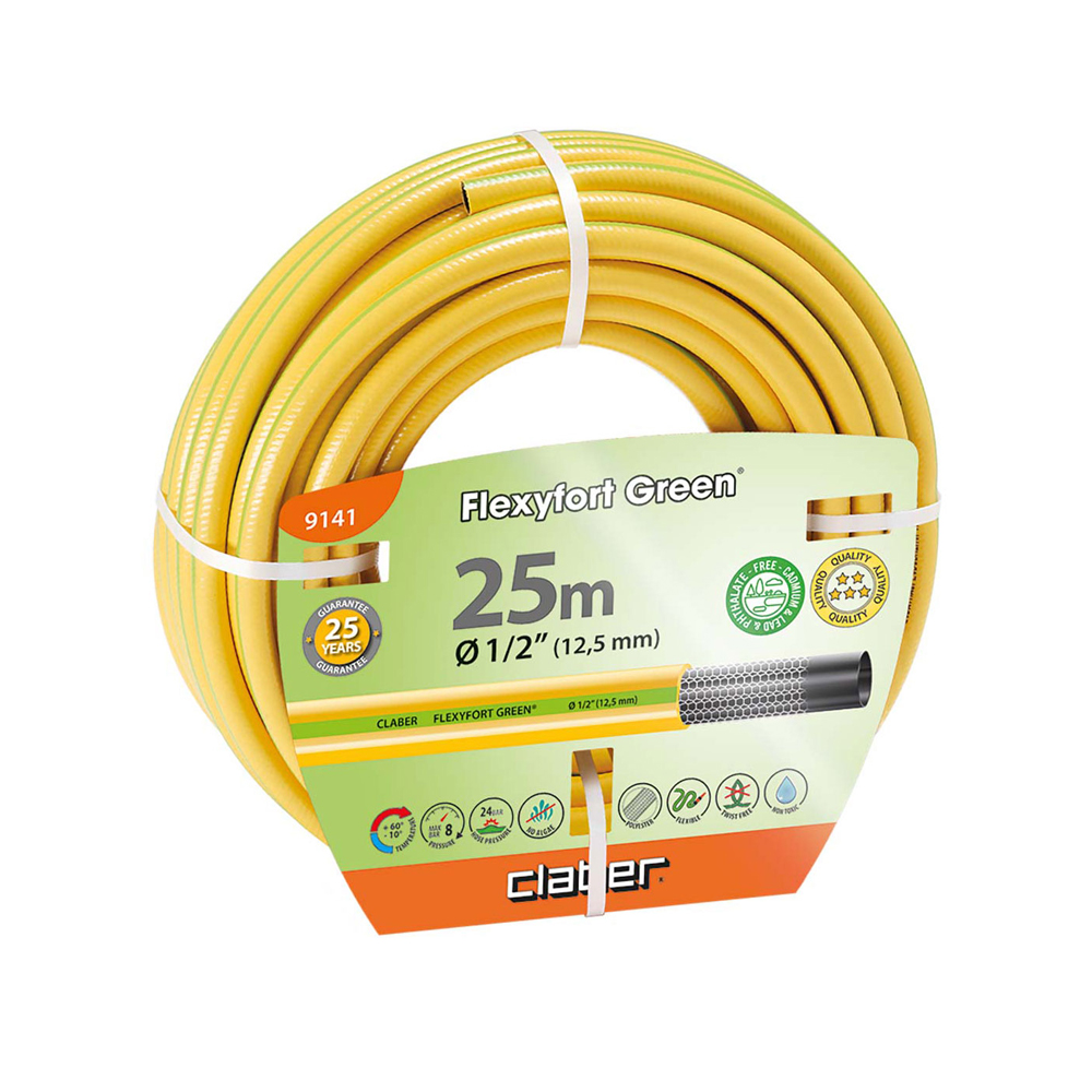 Flexyfort Green slange: Modstår vridning ved højt tryk, alge- og UV-resistent, 100% sikker uden skadelige stoffer.