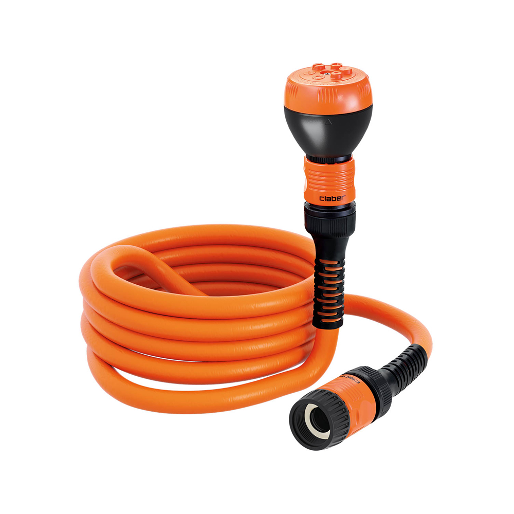 Fleksibel vandslange, 15m, udtrækkelig, med Quick-Click koblinger og 5-mønstret spraydyse.
