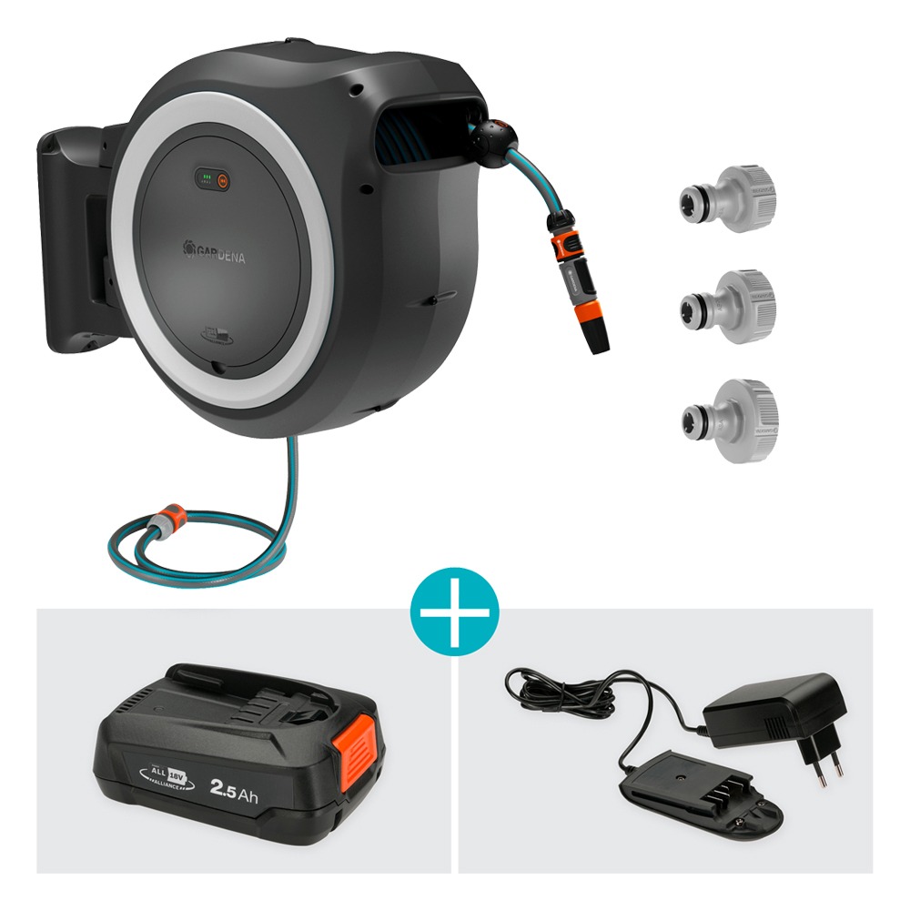 Nærbillede af Gardena PowerRoll 40m vægbeslag inklusive vægpløkker og skruer.