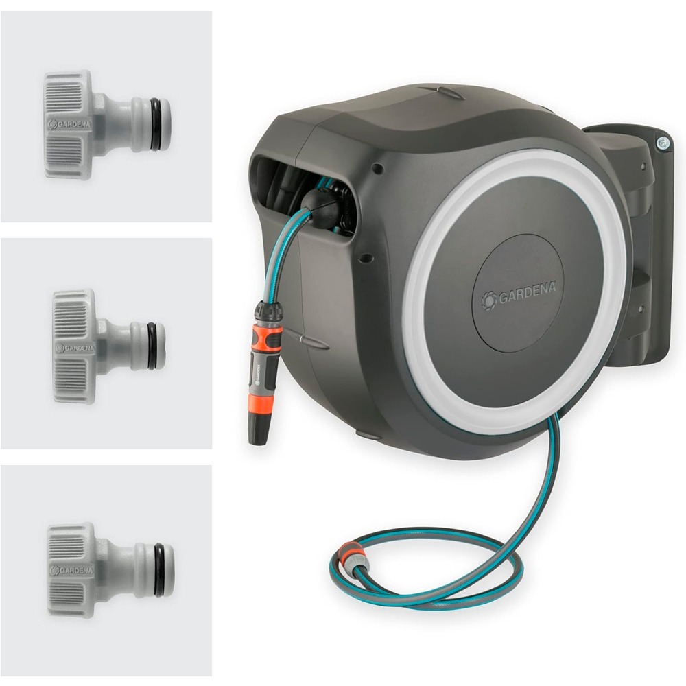 Installationsbillede af Gardena RollUp M/L 25m slangeoprulleren, fokuseret på de medfølgende vægpløkker og skruer.