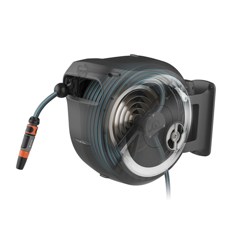 Visning af Gardena RollUp XL 30m slangeoprullerens drejefunktion, der tillader boksen at pivotere 180 grader.