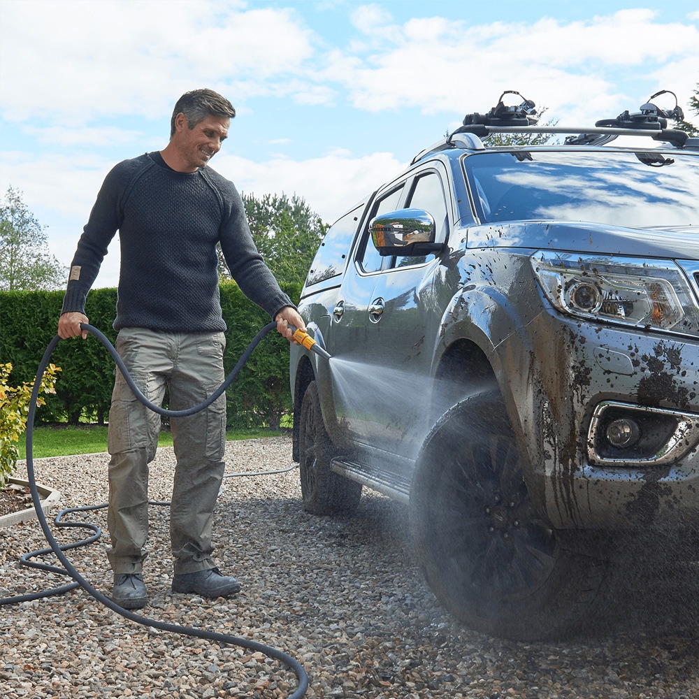 Tuffhoze 25m haveslange i grå tekstil med metalkoblinger